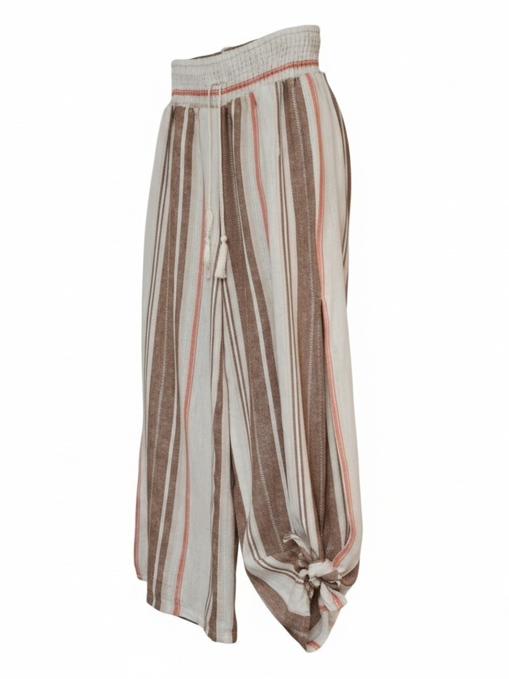 Striped Wide-Leg Tie Hem Pants in Cream, Brown & Pink